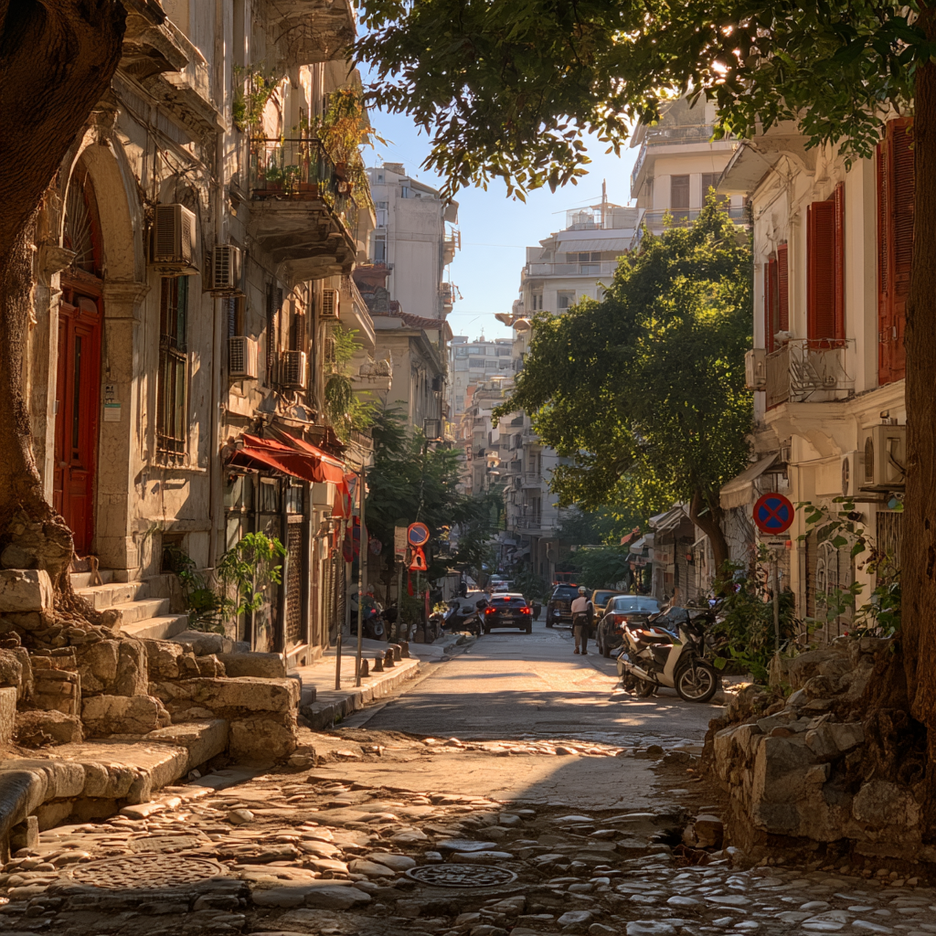 Modern streets around Hippodromiou Square in central Thessaloniki, where fragments of the ancient Roman hippodrome still survive beneath buildings, courtyards and basements.